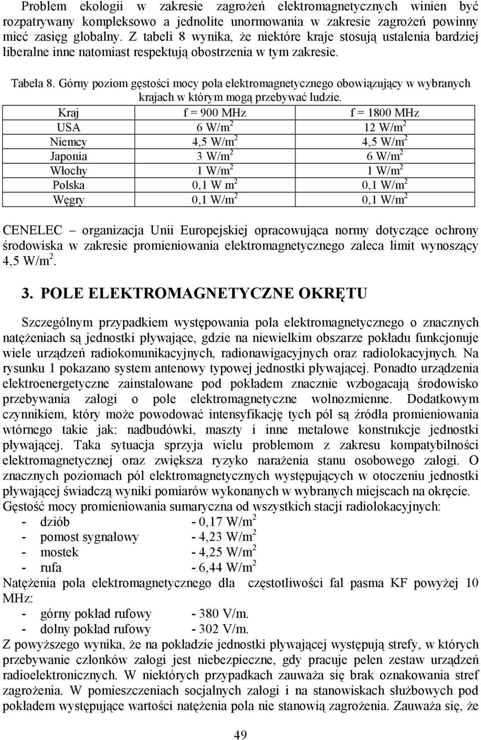 Górny poziom gęstości mocy pola elektromagnetycznego obowiązujący w wybranych krajach w którym mogą przebywać ludzie.