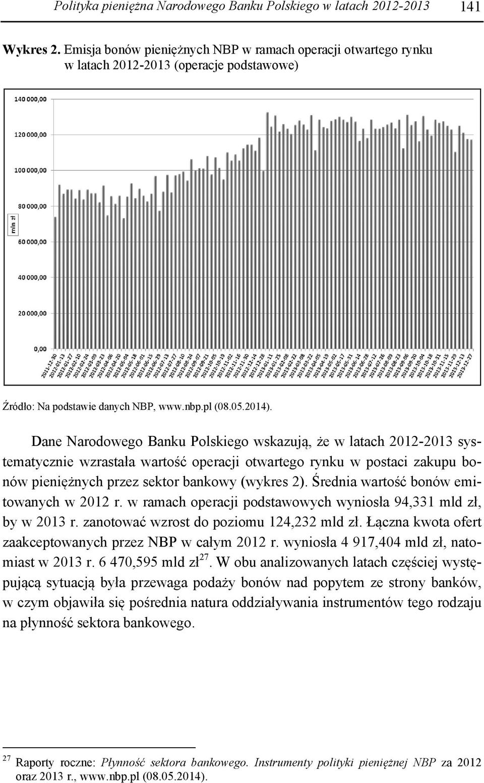 Dane Narodowego Banku Polskiego wskazują, że w latach 2012-2013 systematycznie wzrastała wartość operacji otwartego rynku w postaci zakupu bonów pieniężnych przez sektor bankowy (wykres 2).