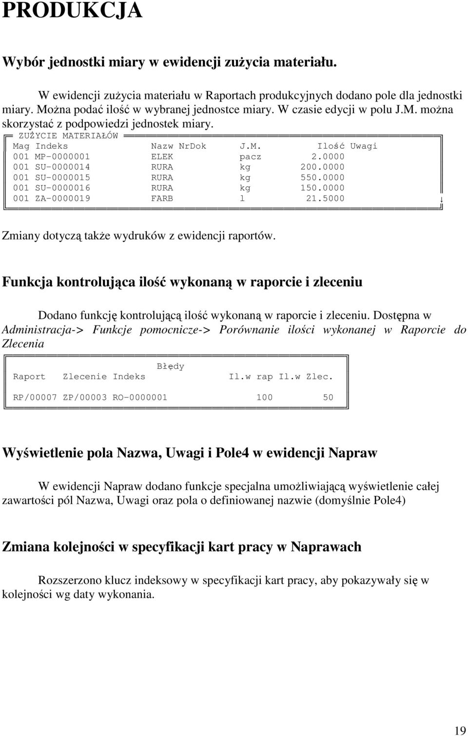 0000 001 SU-0000015 RURA kg 550.0000 001 SU-0000016 RURA kg 150.0000 001 ZA-0000019 FARB l 21.5000 Zmiany dotycz take wydruków z ewidencji raportów.