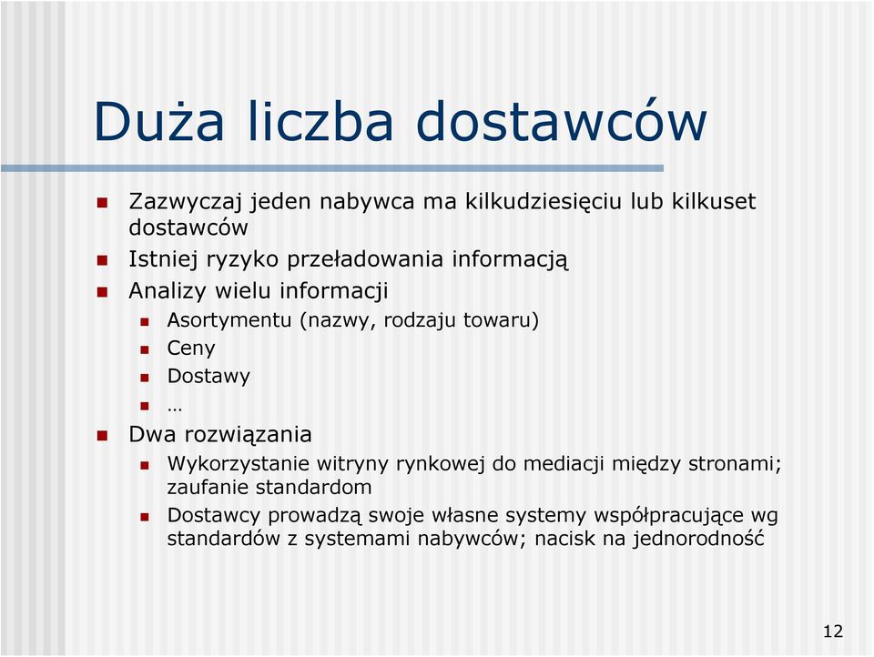 rozwiązania Wykorzystanie witryny rynkowej do mediacji między stronami; zaufanie standardom Dostawcy