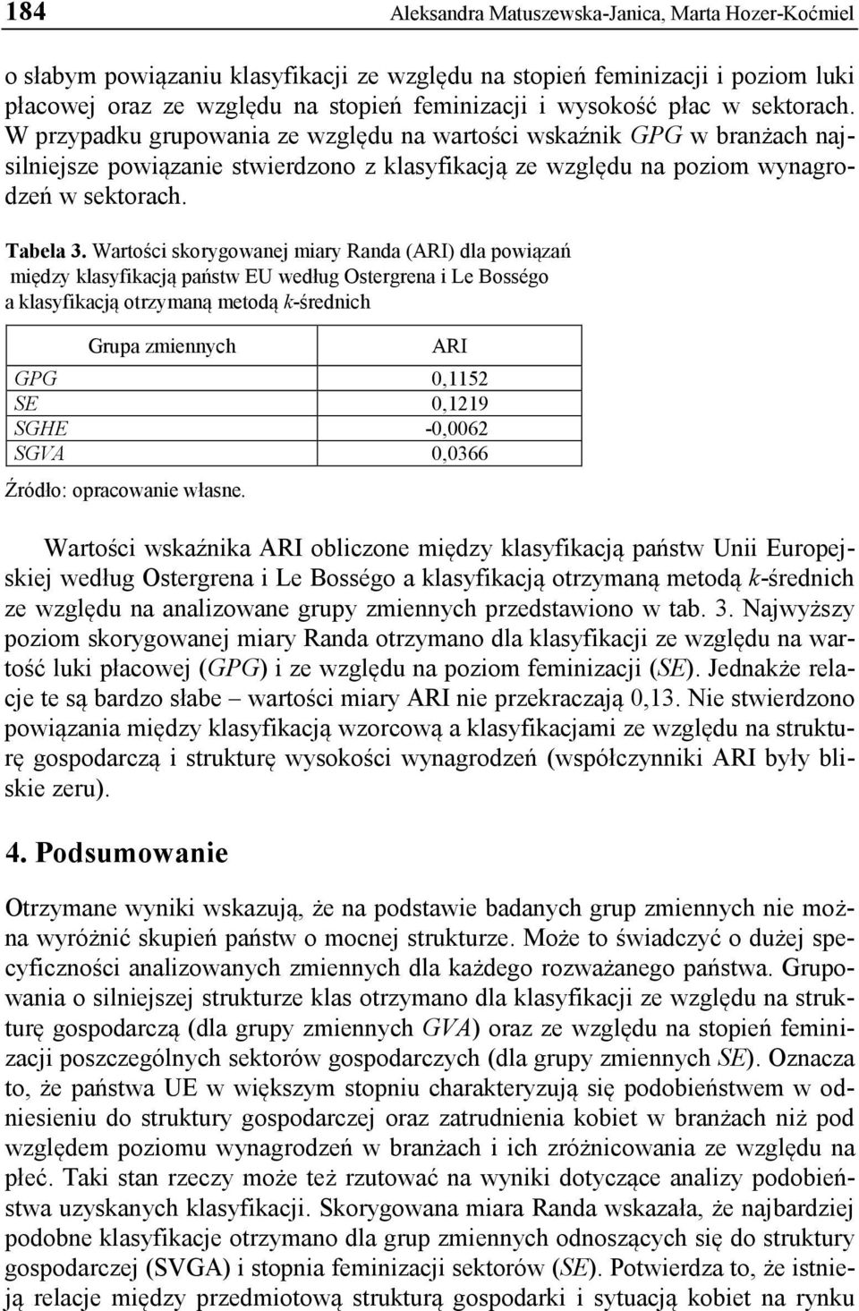 Wartości skorygowanej miary Randa (ARI) dla powiązań między klasyfikacją państw EU według Ostergrena i Le Bosségo a klasyfikacją otrzymaną metodą k-średnich Grupa zmiennych ARI GPG 0,1152 SE 0,1219