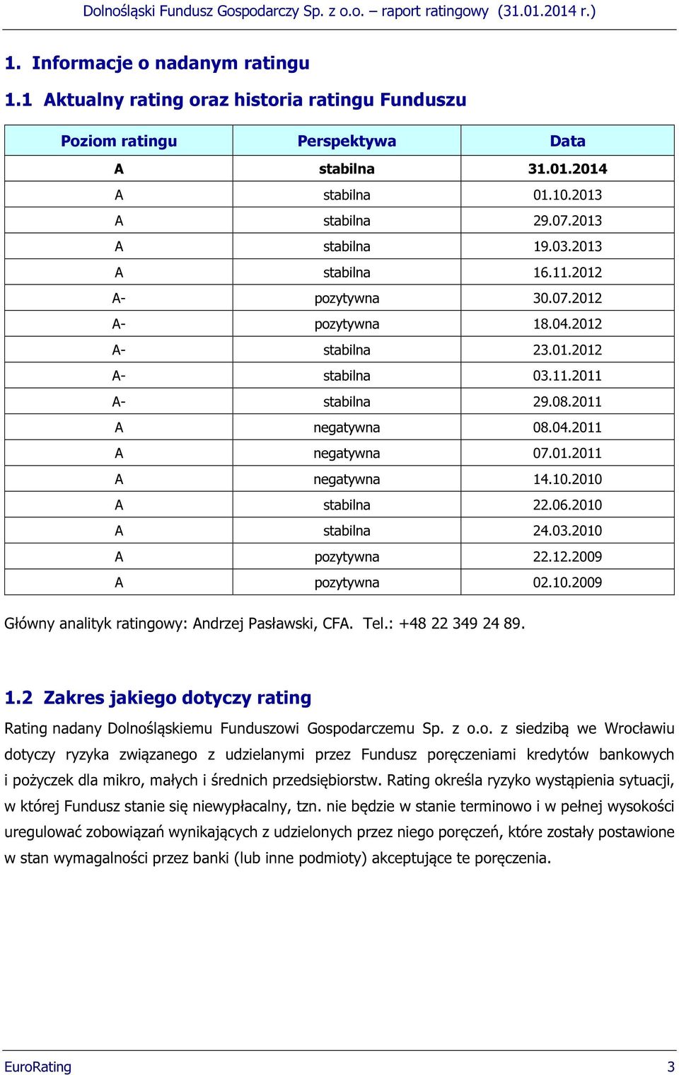 10.2010 A stabilna 22.06.2010 A stabilna 24.03.2010 A pozytywna 22.12.2009 A pozytywna 02.10.2009 Główny analityk ratingowy: Andrzej Pasławski, CFA. Tel.: +48 22 349 24 89. 1.