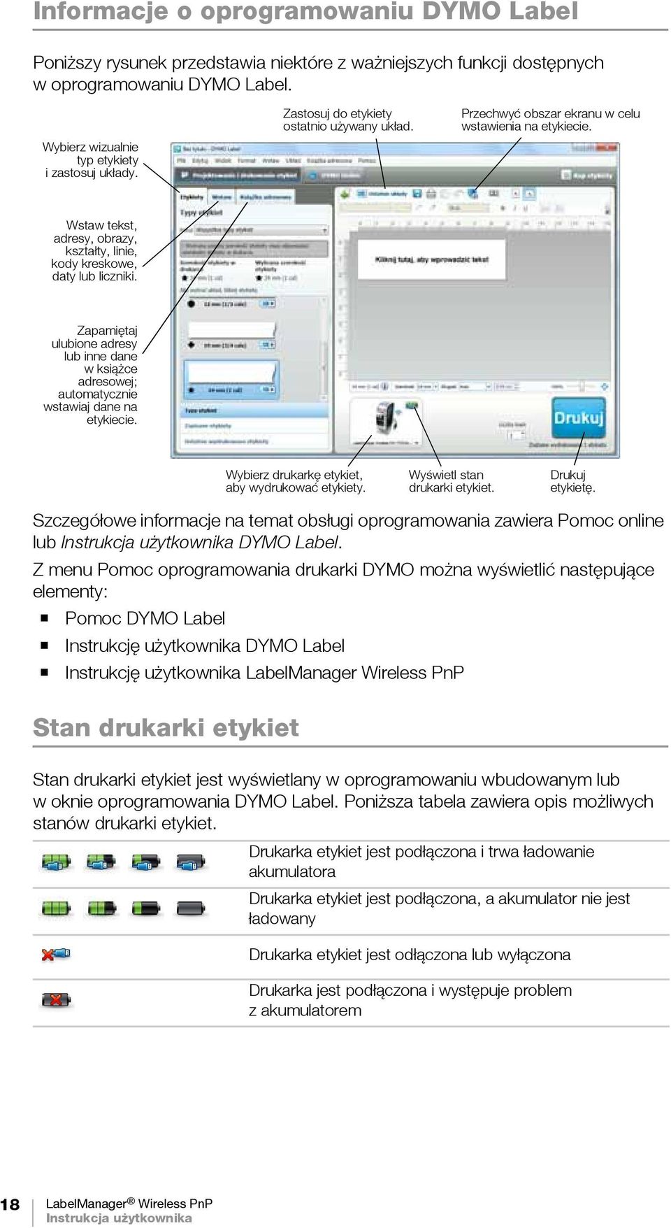 Zapamiętaj ulubione adresy lub inne dane wksiążce adresowej; automatycznie wstawiaj dane na etykiecie. Wybierz drukarkę etykiet, aby wydrukować etykiety. Wyświetl stan drukarki etykiet.