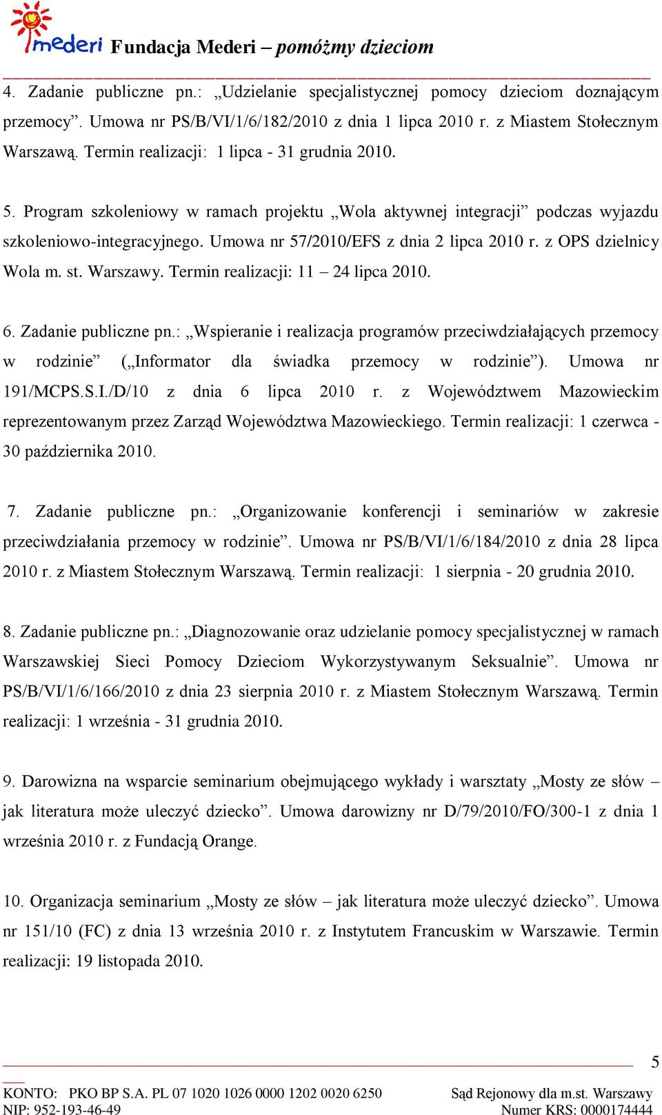 z OPS dzielnicy Wola m. st. Warszawy. Termin realizacji: 11 24 lipca 2010. 6. Zadanie publiczne pn.