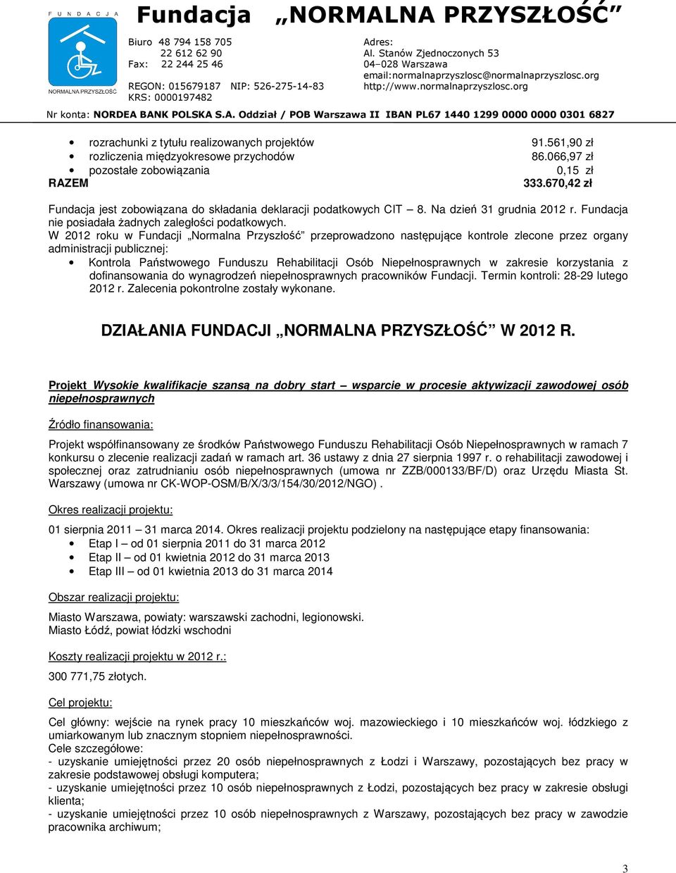 W 2012 roku w Fundacji Normalna Przyszłość przeprowadzono następujące kontrole zlecone przez organy administracji publicznej: Kontrola Państwowego Funduszu Rehabilitacji Osób Niepełnosprawnych w