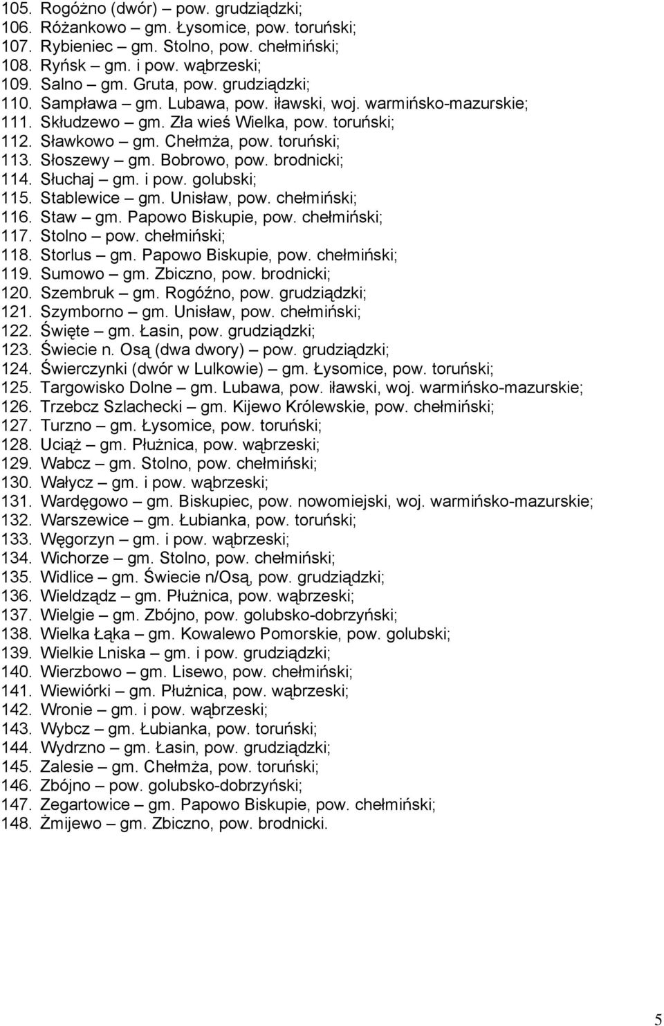 Bobrowo, pow. brodnicki; 114. Słuchaj gm. i pow. golubski; 115. Stablewice gm. Unisław, pow. chełmiński; 116. Staw gm. Papowo Biskupie, pow. chełmiński; 117. Stolno pow. chełmiński; 118. Storlus gm.