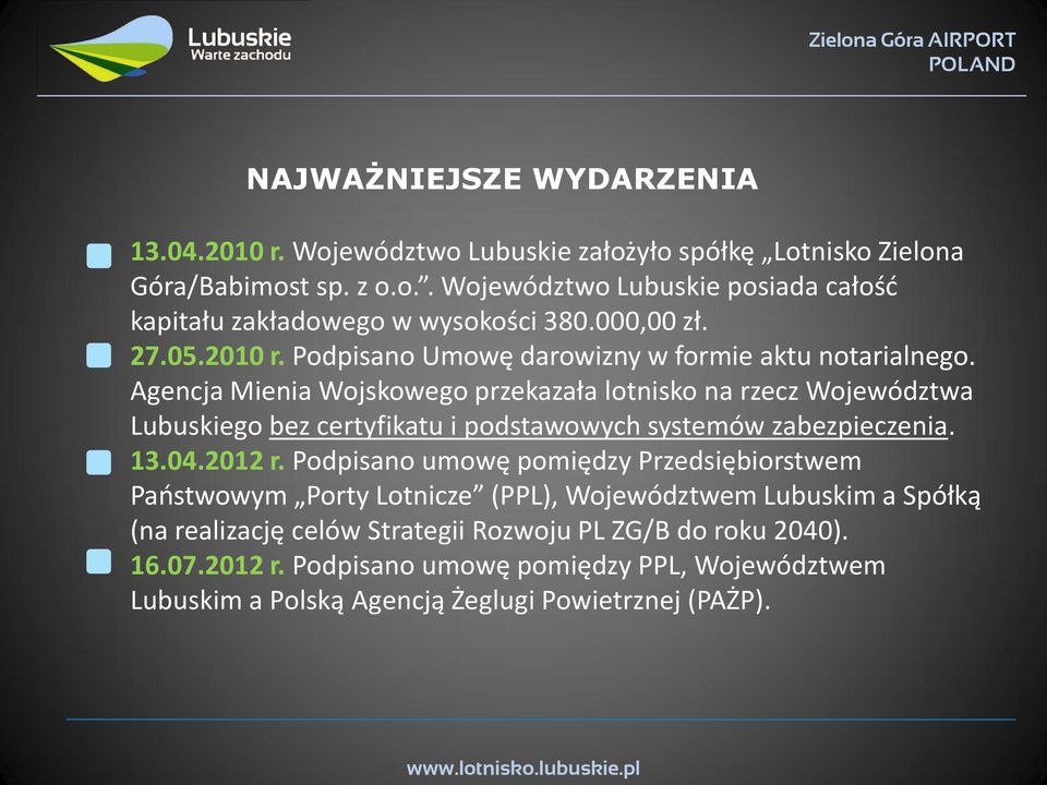 Agencja Mienia Wojskowego przekazała lotnisko na rzecz Województwa Lubuskiego bez certyfikatu i podstawowych systemów zabezpieczenia. 13.04.2012 r.