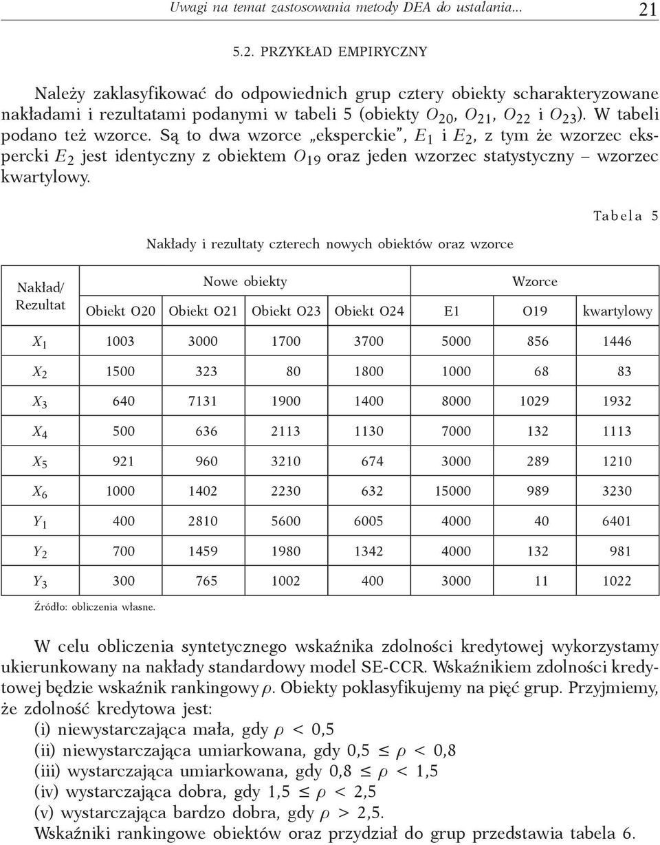 W tabeli podano też wzorce. Są to dwa wzorce eksperckie, E 1 i E 2, z tym że wzorzec ekspercki E 2 jest identyczny z obiektem O 19 oraz jeden wzorzec statystyczny wzorzec kwartylowy.