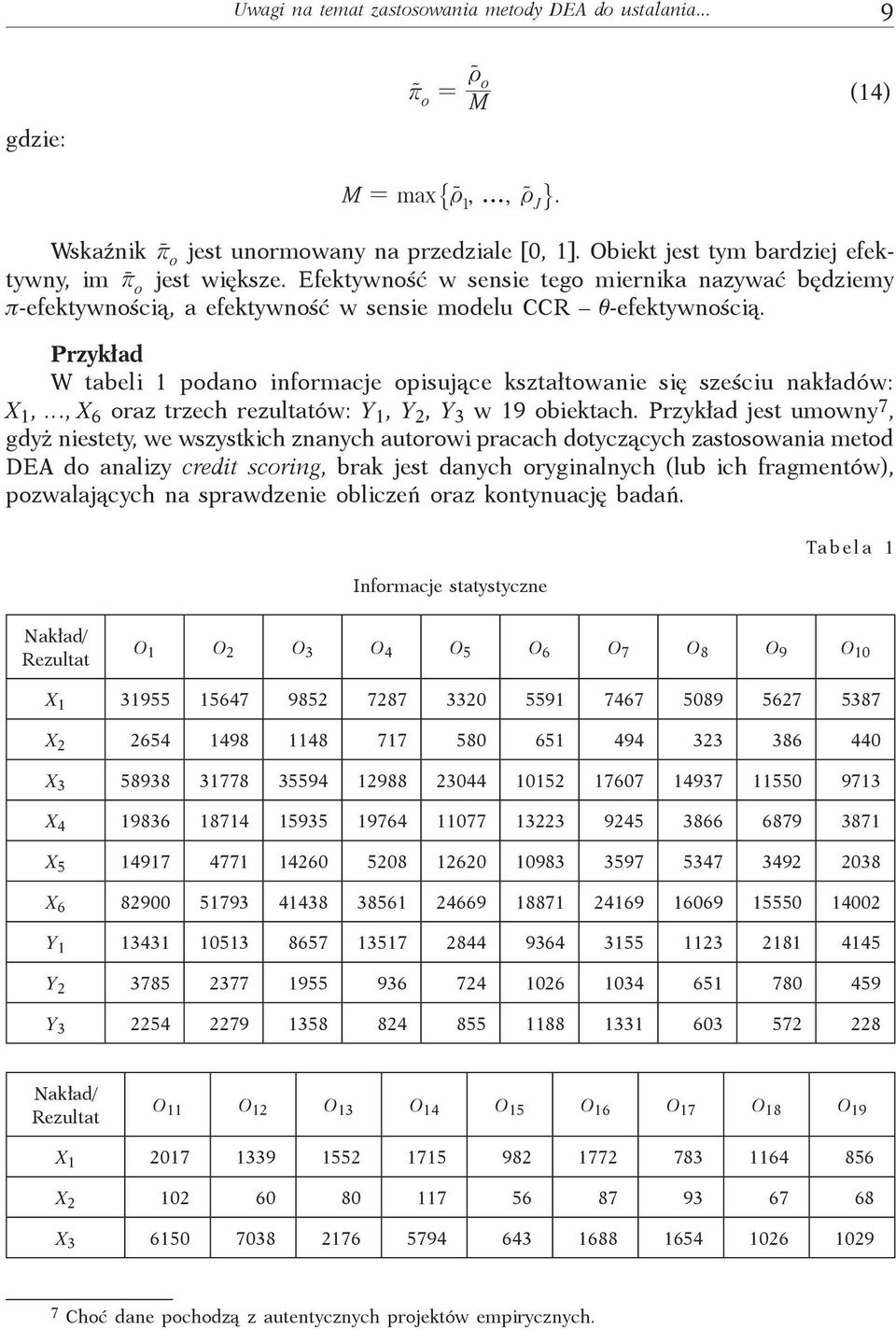Przykład W tabeli 1 podano informacje opisujące kształtowanie się sześciu nakładów: X 1,, X 6 oraz trzech rezultatów: Y 1, Y 2, Y 3 w 19 obiektach.