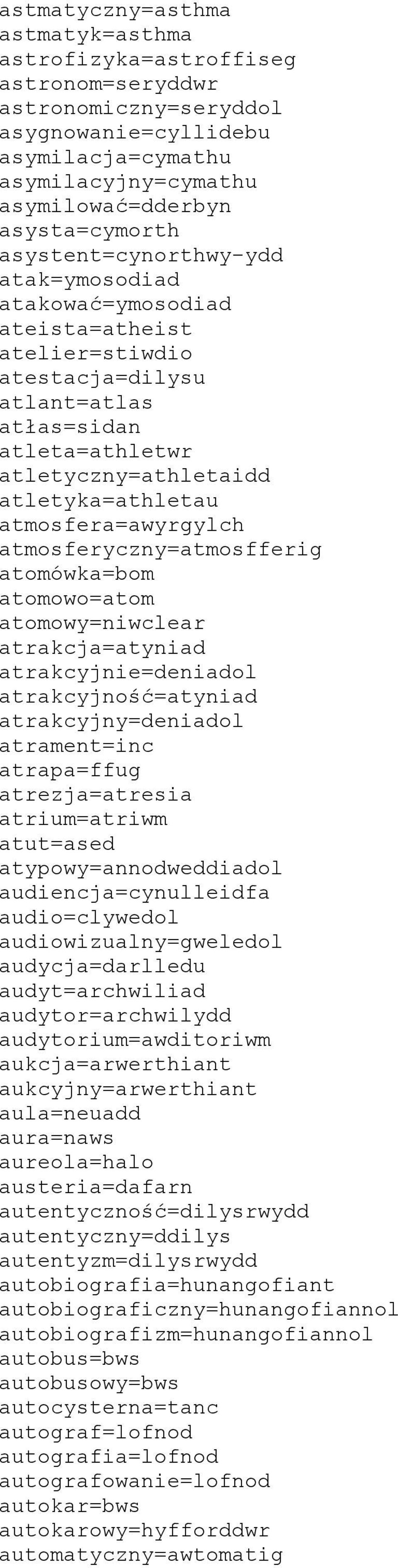 atmosfera=awyrgylch atmosferyczny=atmosfferig atomówka=bom atomowo=atom atomowy=niwclear atrakcja=atyniad atrakcyjnie=deniadol atrakcyjność=atyniad atrakcyjny=deniadol atrament=inc atrapa=ffug