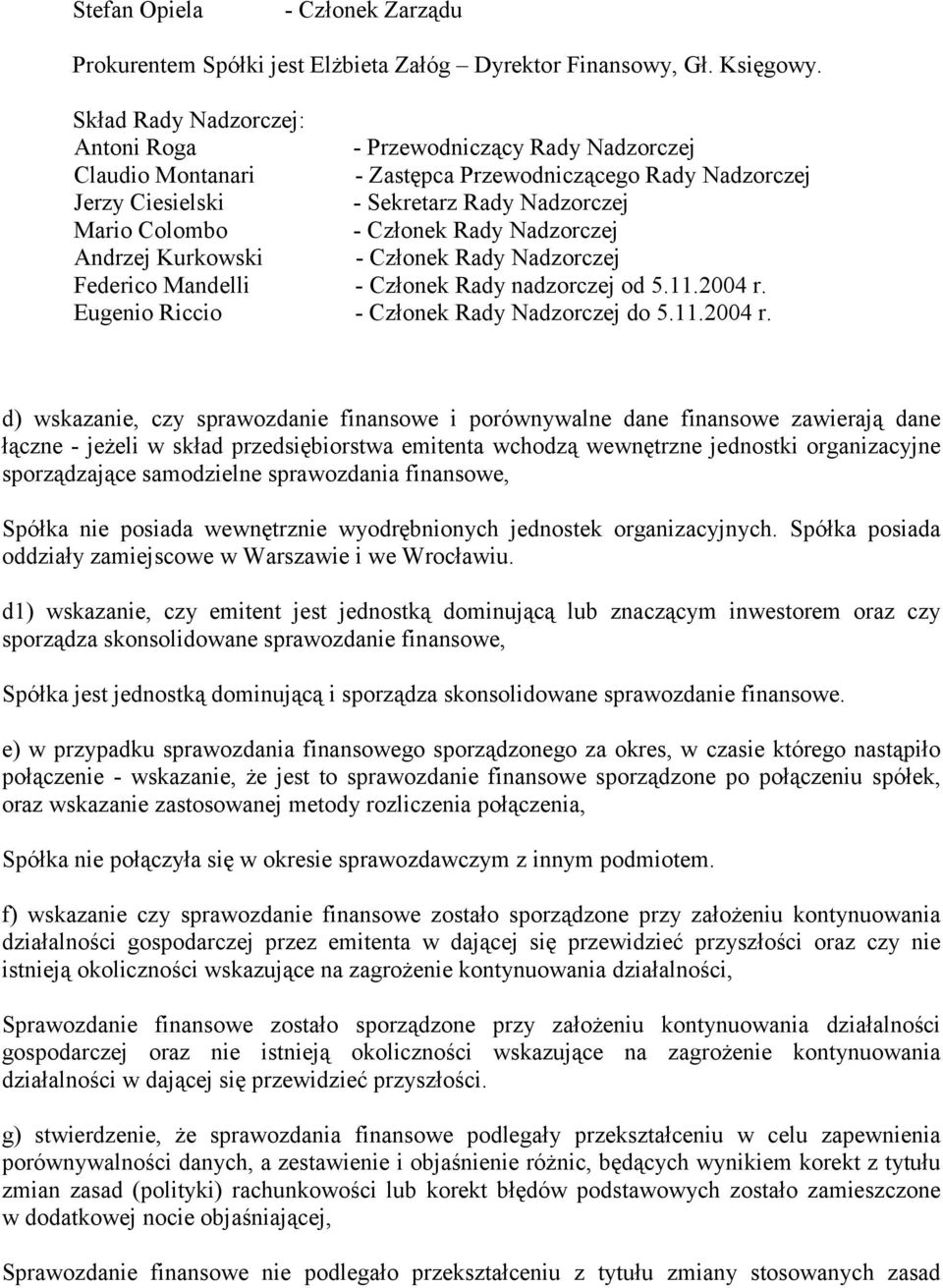 Rady Nadzorczej Andrzej Kurkowski - Członek Rady Nadzorczej Federico Mandelli - Członek Rady nadzorczej od 5.11.2004 r.