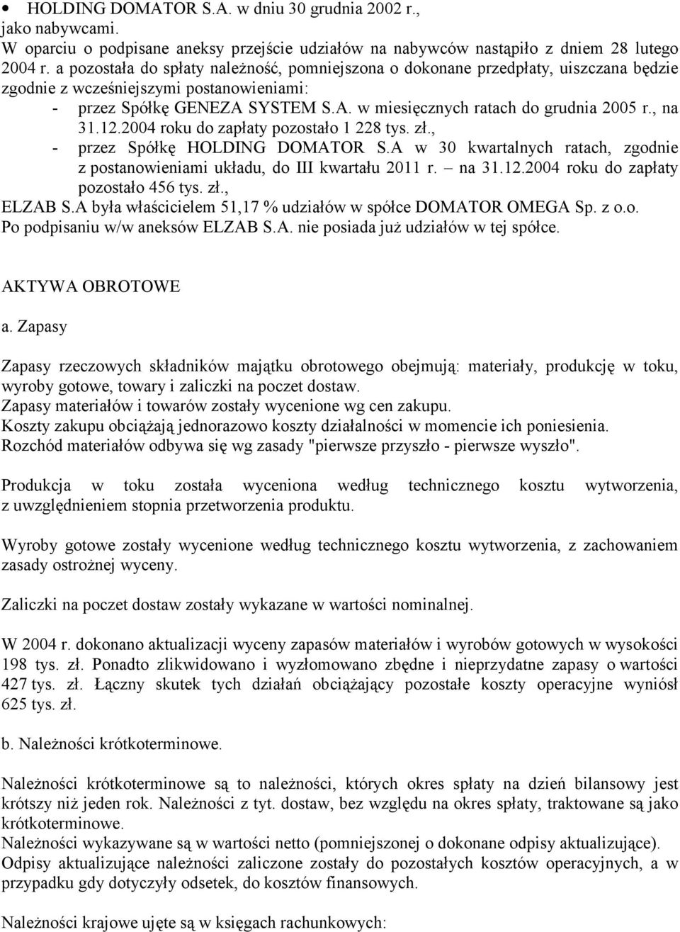 , na 31.12.2004 roku do zapłaty pozostało 1 228 tys. zł., - przez Spółkę HOLDING DOMATOR S.A w 30 kwartalnych ratach, zgodnie z postanowieniami układu, do III kwartału 2011 r. na 31.12.2004 roku do zapłaty pozostało 456 tys.