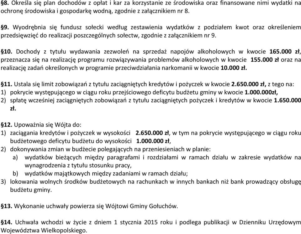 Dochody z tytułu wydawania zezwoleń na sprzedaż napojów alkoholowych w kwocie 165.000 zł, przeznacza się na realizację programu rozwiązywania problemów alkoholowych w kwocie 155.