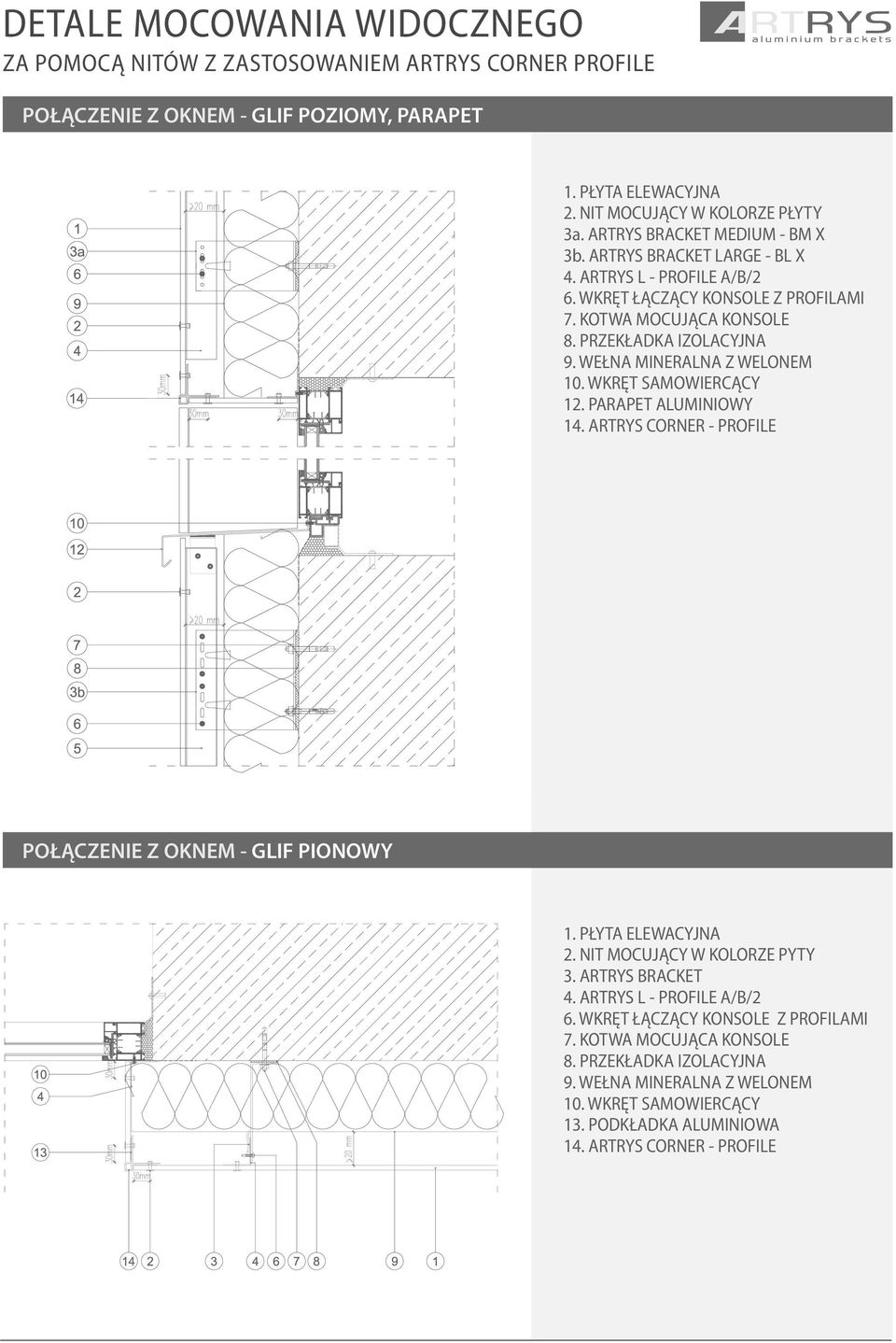 ARTRYSOMEGA L - PROFILE 100 A/B/2 - PROFILE 16. WKRĘT KOTWA ŁĄCZĄCY MOCUJĄCA KONSOLE PROFILE Z PROFILAMI 10. WKRĘT SAMOWIERCĄCY 12. PARAPET ALUMINIOWY 14.