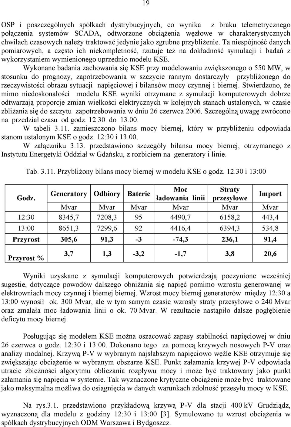 Wykonane badania zachowania się KSE przy modelowaniu zwiększonego o 550 MW, w stosunku do prognozy, zapotrzebowania w szczycie rannym dostarczyły przybliżonego do rzeczywistości obrazu sytuacji