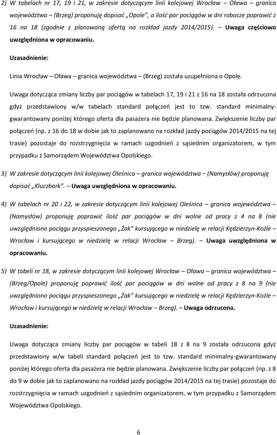 Uwaga dotycząca zmiany liczby par pociągów w tabelach 17, 19 i 21 z 16 na 18 została odrzucona gdyż przedstawiony w/w tabelach standard połączeń jest to tzw.