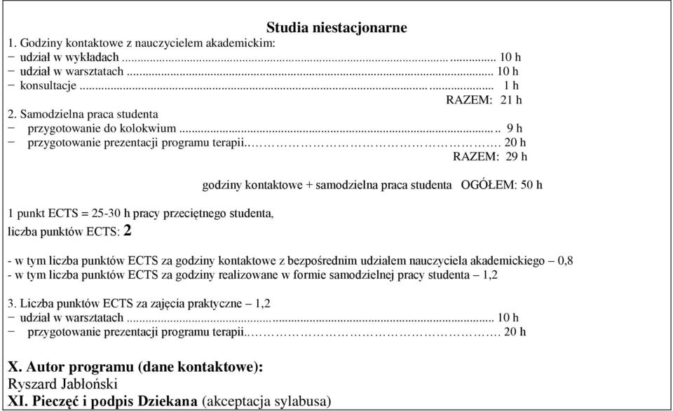 .. 20 h RAZEM: 29 h 1 punkt ECTS = 25-30 h pracy przeciętnego studenta, liczba punktów ECTS: 2 godziny kontaktowe + samodzielna praca studenta OGÓŁEM: 50 h - w tym liczba punktów ECTS za godziny