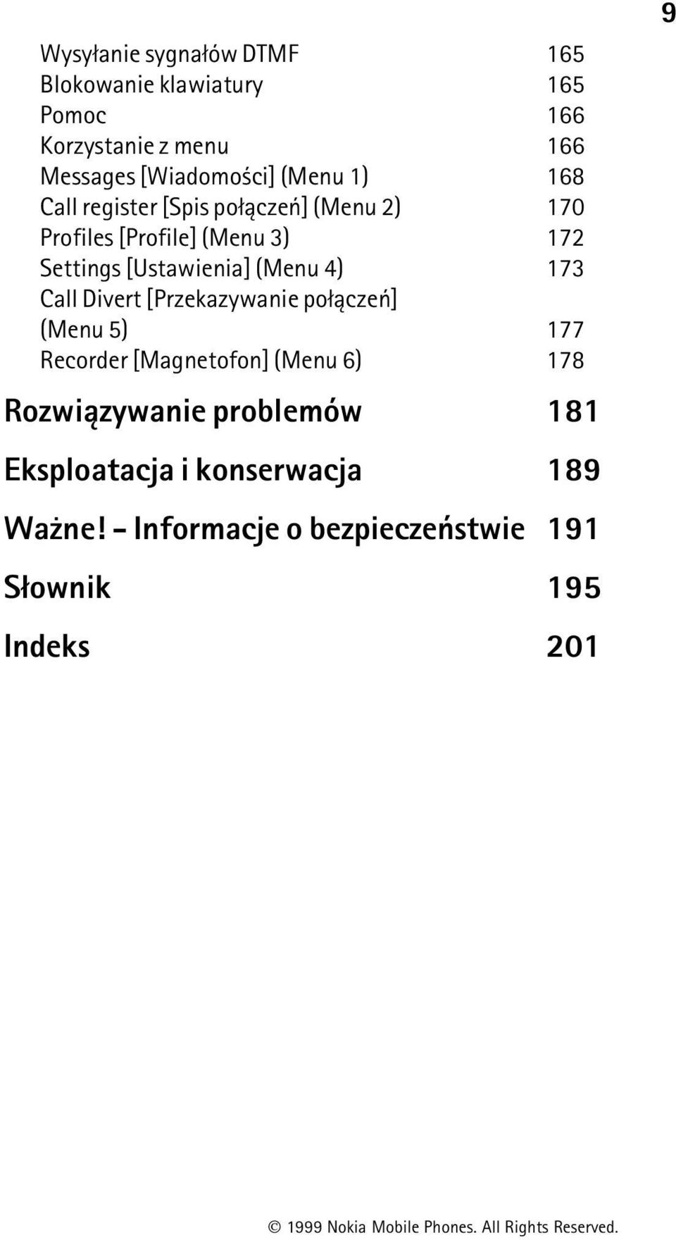 (Menu 4) 173 Call Divert [Przekazywanie po³±czeñ] (Menu 5) 177 Recorder [Magnetofon] (Menu 6) 178