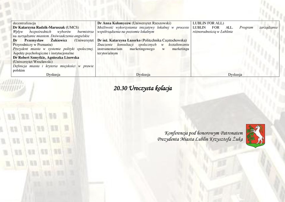 Aspekty psychologiczne i instytucjonalne Dr Robert Szmytkie, Agnieszka Lisowska (Uniwersytet Definicja miasta i kryteria miejskości w prawie polskim Dr Anna Kołomycew (Uniwersytet Możliwość