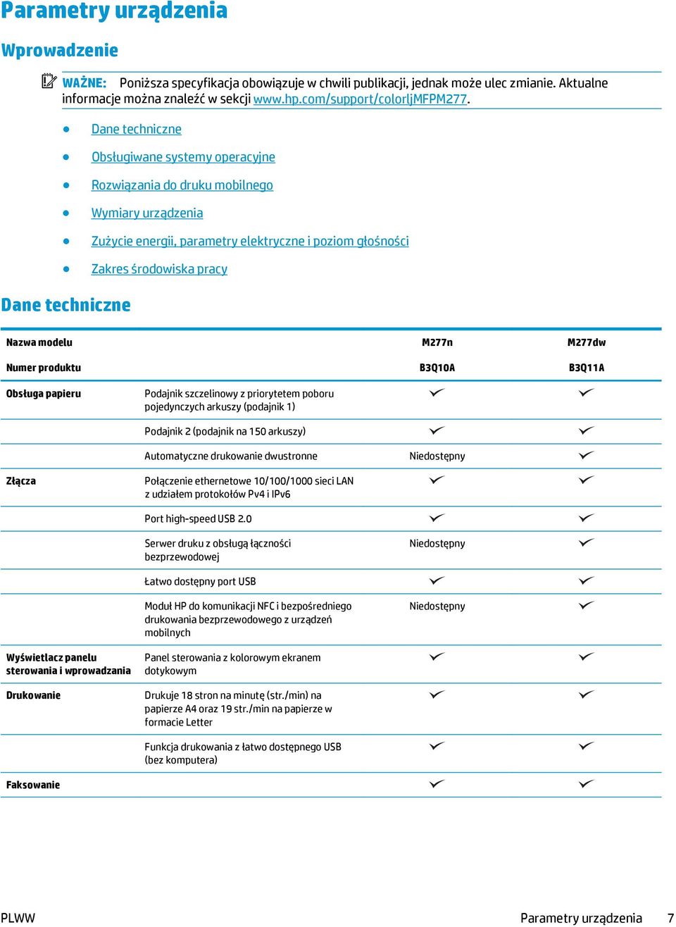 Nazwa modelu Numer produktu M277n B3Q10A M277dw B3Q11A Obsługa papieru Podajnik szczelinowy z priorytetem poboru pojedynczych arkuszy (podajnik 1) Podajnik 2 (podajnik na 150 arkuszy) Automatyczne