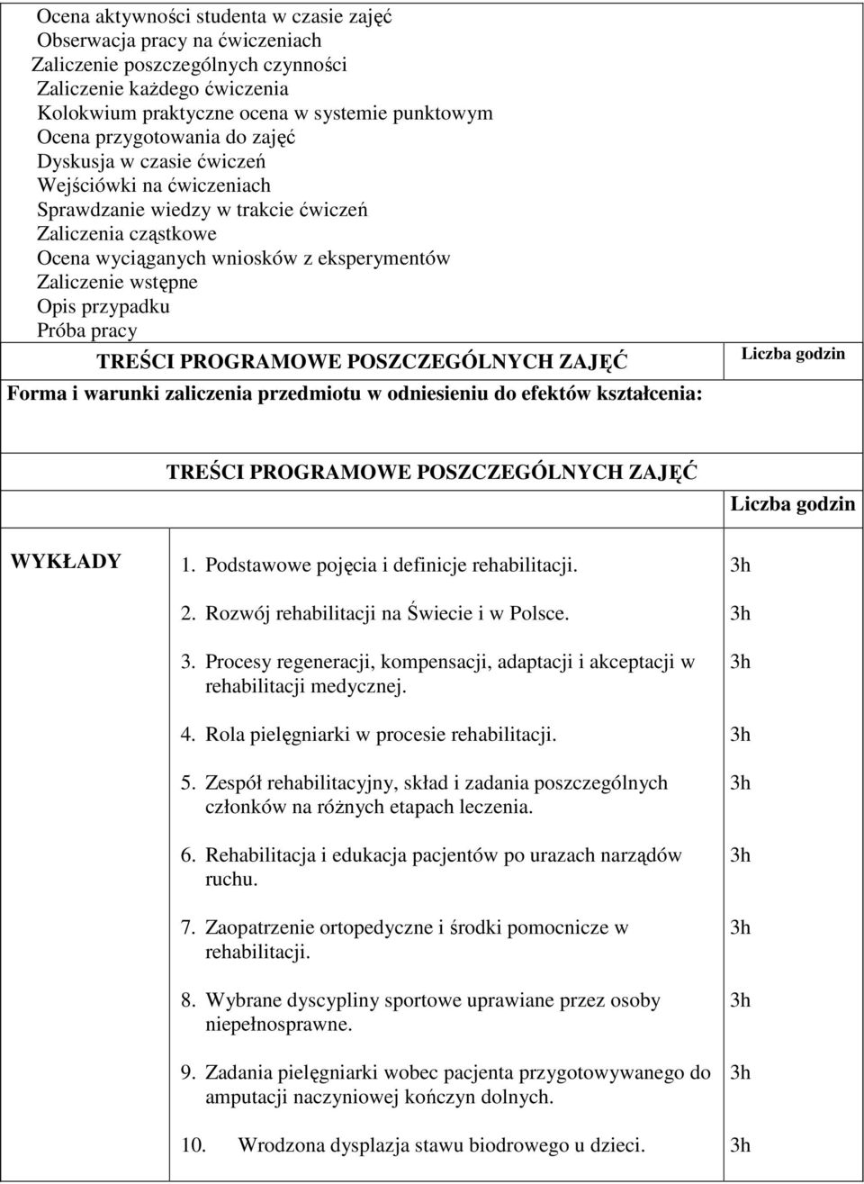 przypadku Próba pracy TREŚCI PROGRAMOWE POSZCZEGÓLNYCH ZAJĘĆ Forma i warunki zaliczenia przedmiotu w odniesieniu do efektów kształcenia: Liczba godzin TREŚCI PROGRAMOWE POSZCZEGÓLNYCH ZAJĘĆ Liczba