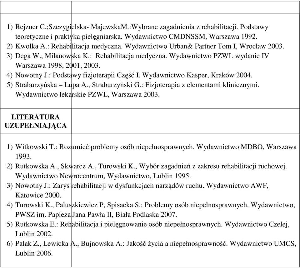 Wydawnictwo Kasper, Kraków 2004. 5) Straburzyńska Lupa A., Straburzyński G.: Fizjoterapia z elementami klinicznymi. Wydawnictwo lekarskie PZWL, Warszawa 2003. LITERATURA UZUPEŁNIAJĄCA 1) Witkowski T.