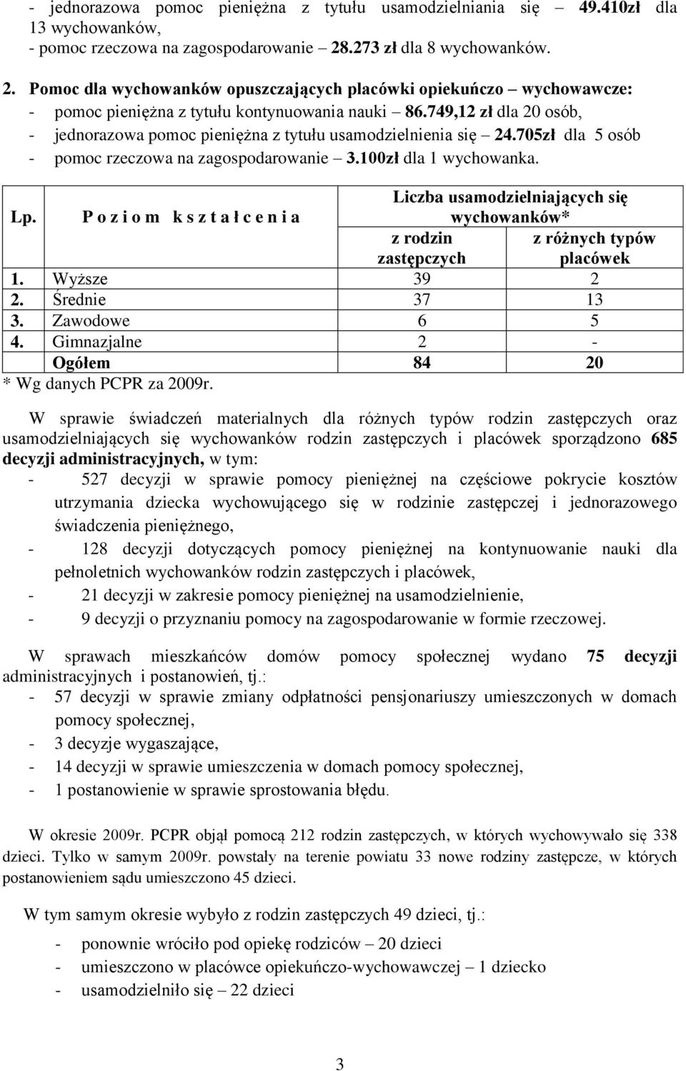 749,12 zł dla 20 osób, - jednorazowa pomoc pieniężna z tytułu usamodzielnienia się 24.705zł dla 5 osób - pomoc rzeczowa na zagospodarowanie 3.100zł dla 1 wychowanka. Lp.