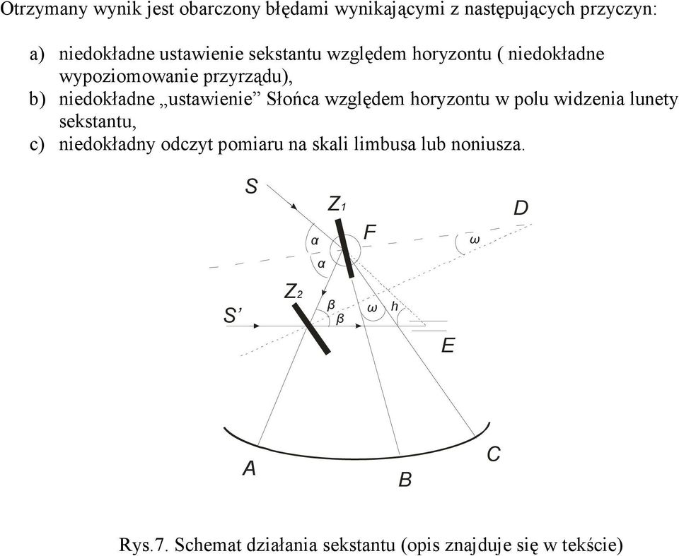 względem horyzontu w polu widzenia lunety sekstantu, c) niedokładny odczyt pomiaru na skali limbusa lub