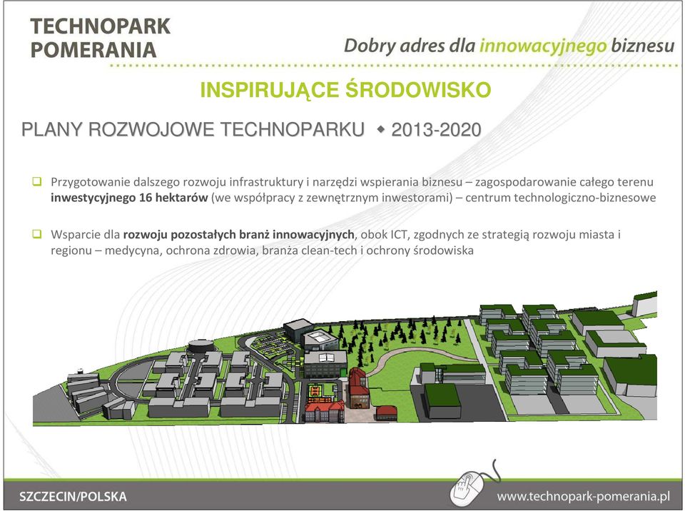 zewnętrznym inwestorami) centrum technologiczno-biznesowe Wsparcie dla rozwoju pozostałych branżinnowacyjnych,