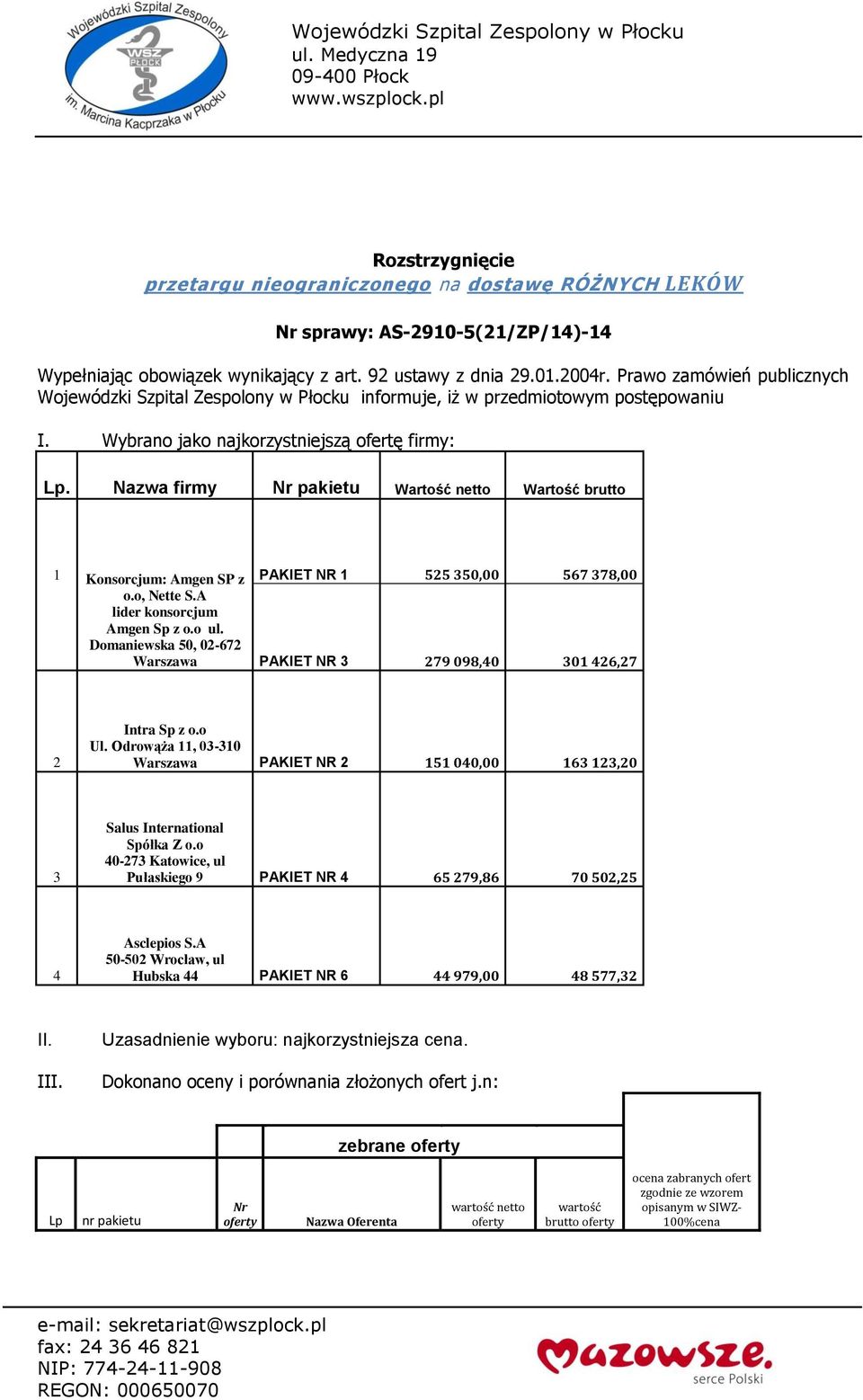 Nazwa firmy Nr pakietu Wartość netto Wartość brutto 1 Konsorcjum: Amgen SP z o.o, Nette S.A Amgen Sp z o.o ul.