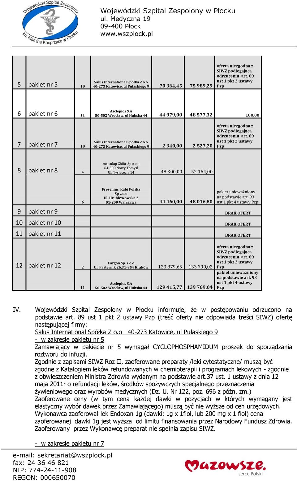 Hrubieszowska 2 01-209 Warszawa 44 460,00 48 016,80 pakiet unieważniony na podstawie art.