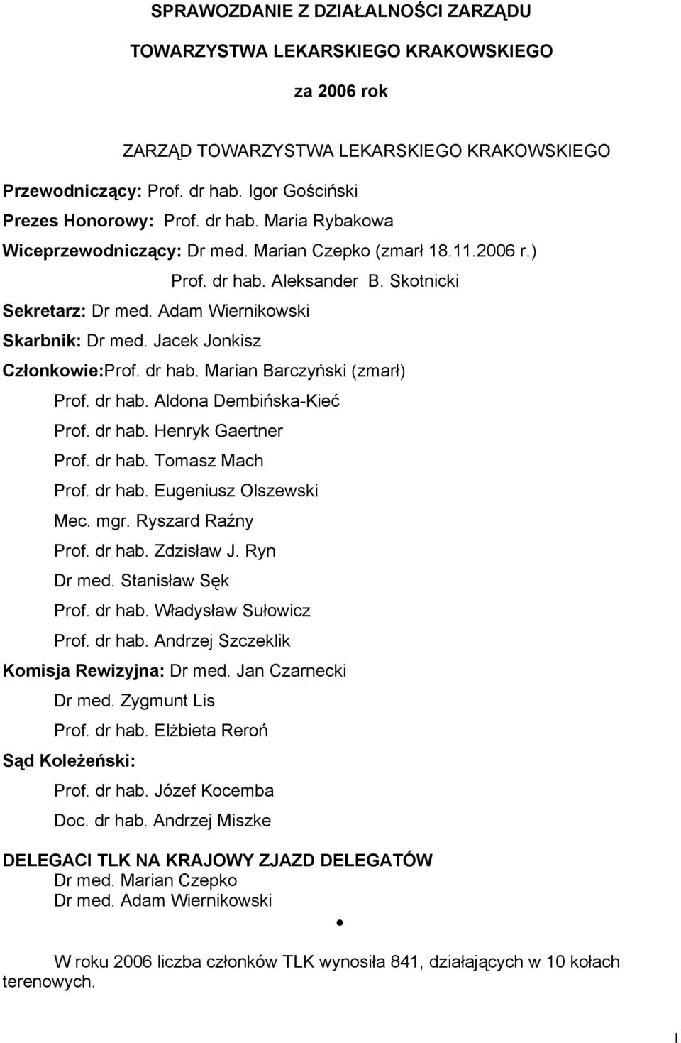 Skotnicki Członkowie:Prof. dr hab. Marian Barczyński (zmarł) Prof. dr hab. Aldona Dembińska-Kieć Prof. dr hab. Henryk Gaertner Prof. dr hab. Tomasz Mach Prof. dr hab. Eugeniusz Olszewski Mec. mgr.