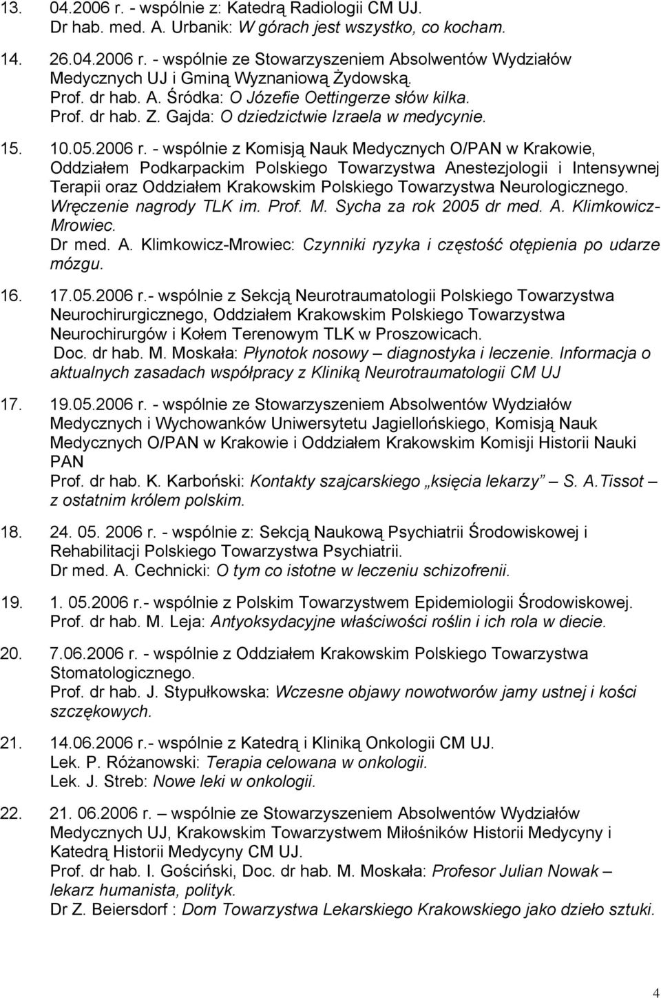 - wspólnie z Komisją Nauk Medycznych O/PAN w Krakowie, Oddziałem Podkarpackim Polskiego Towarzystwa Anestezjologii i Intensywnej Terapii oraz Oddziałem Krakowskim Polskiego Towarzystwa