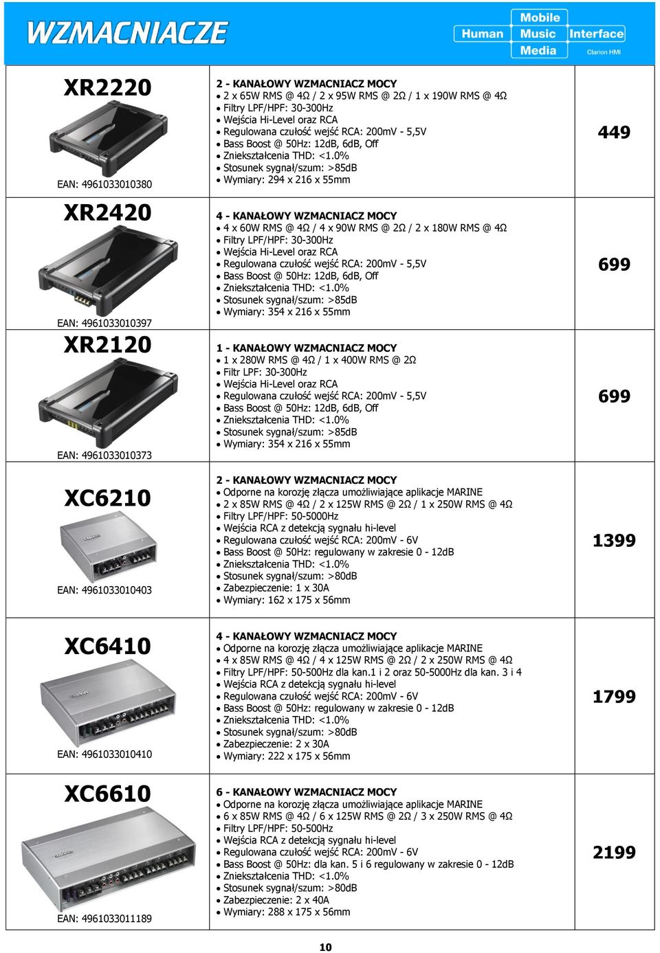 0% Stosunek sygnał/szum: >85dB Wymiary: 294 x 216 x 55mm 4 - KANAŁOWY WZMACNIACZ MOCY 4 x 60W RMS @ 4Ω / 4 x 90W RMS @ 2Ω / 2 x 180W RMS @ 4Ω Filtry LPF/HPF: 30-300Hz Wejścia Hi-Level oraz RCA