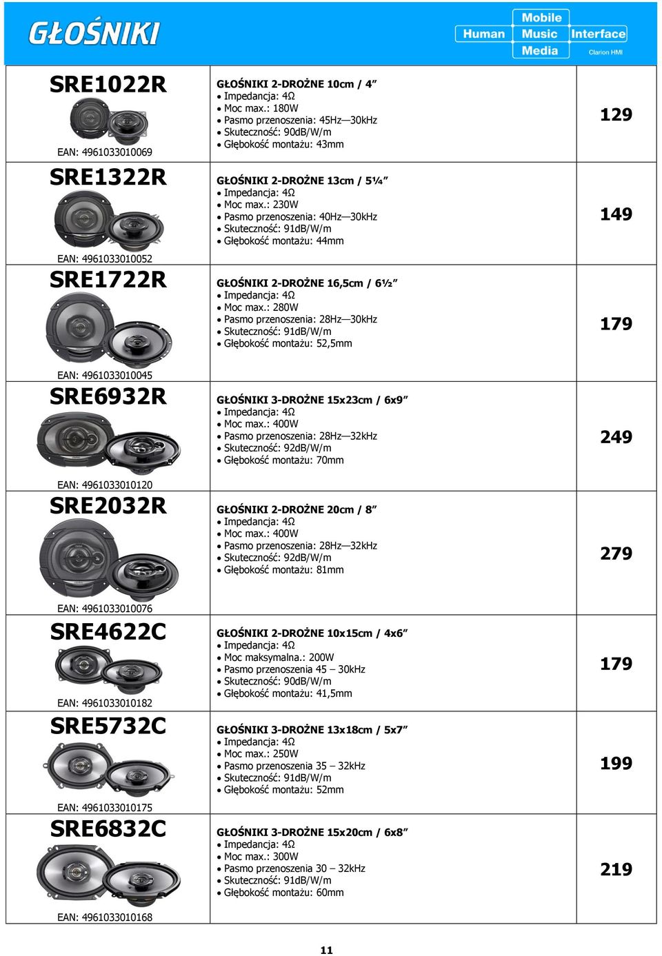 : 230W Pasmo przenoszenia: 40Hz 30kHz Skuteczność: 91dB/W/m Głębokość montażu: 44mm GŁOŚNIKI 2-DROŻNE 16,5cm / 6½ Moc max.