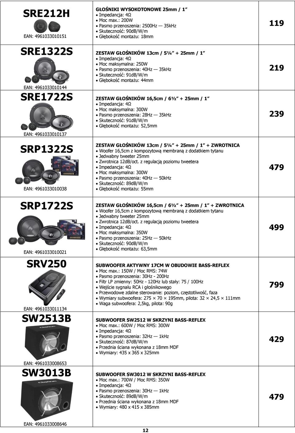 : 200W Pasmo przenoszenia: 2500Hz 35kHz Skuteczność: 90dB/W/m Głębokość montażu: 18mm ZESTAW GŁOŚNIKÓW 13cm / 5¼ + 25mm / 1 Moc maksymalna: 250W Pasmo przenoszenia: 40Hz 35kHz Skuteczność: 91dB/W/m