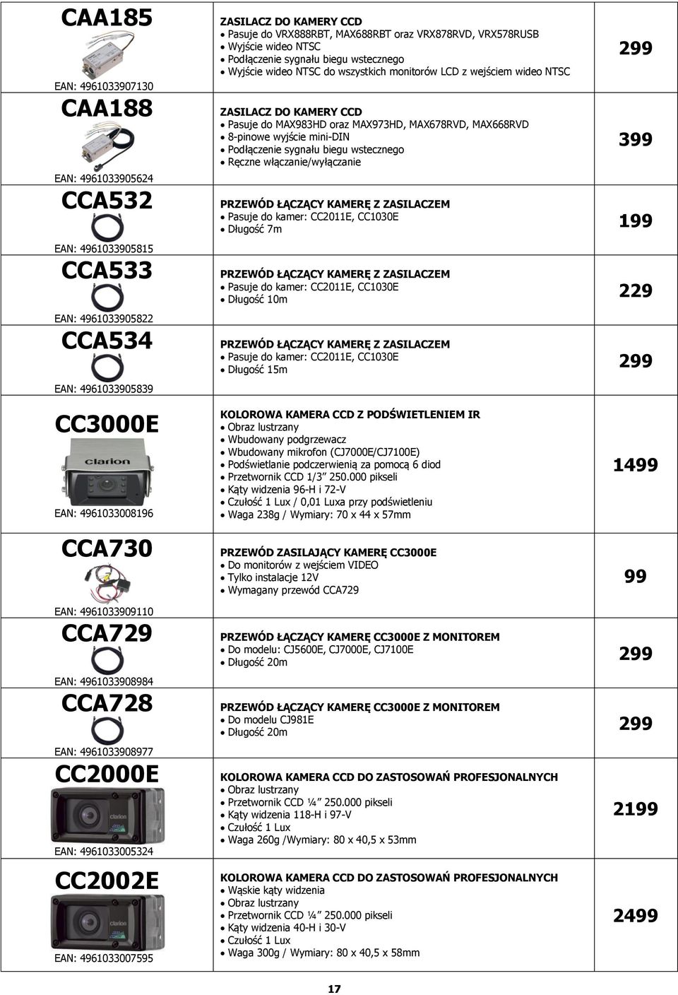 MAX678RVD, MAX668RVD 8-pinowe wyjście mini-din Podłączenie sygnału biegu wstecznego Ręczne włączanie/wyłączanie 299 399 PRZEWÓD ŁĄCZĄCY KAMERĘ Z ZASILACZEM Pasuje do kamer: CC2011E, CC1030E Długość