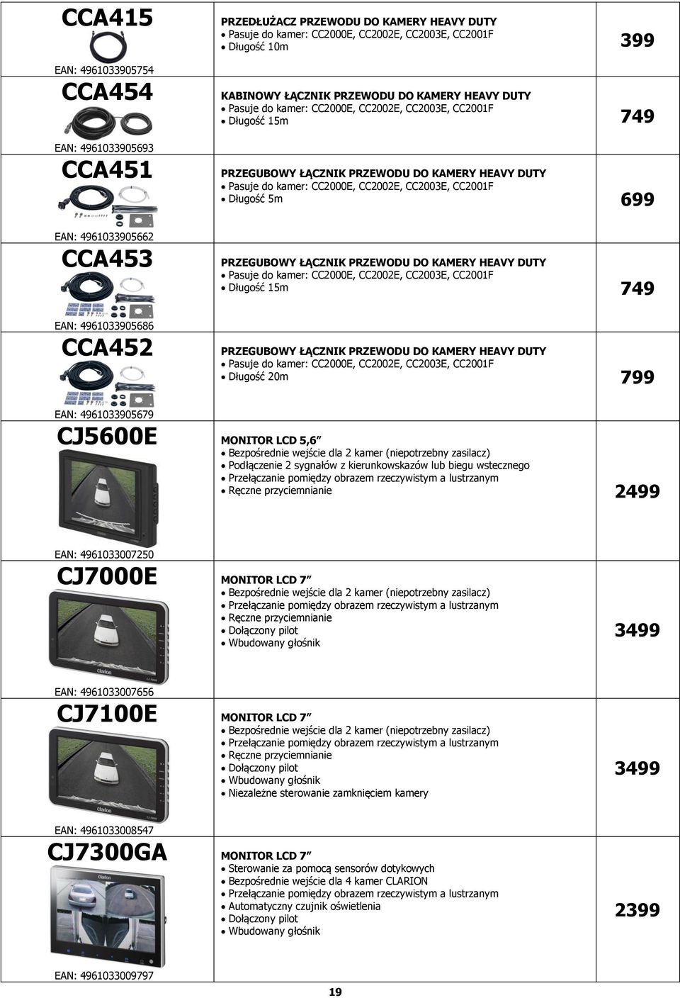 HEAVY DUTY Długość 20m 799 EAN: 4961033905679 CJ5600E MONITOR LCD 5,6 Bezpośrednie wejście dla 2 kamer (niepotrzebny zasilacz) Podłączenie 2 sygnałów z kierunkowskazów lub biegu wstecznego