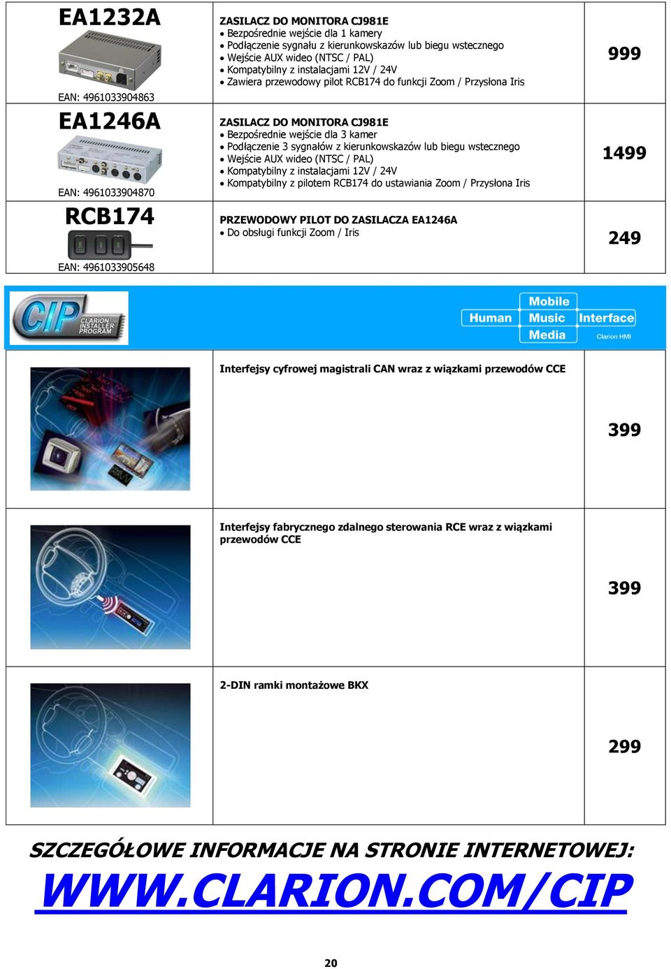 kamer Podłączenie 3 sygnałów z kierunkowskazów lub biegu wstecznego Wejście AUX wideo (NTSC / PAL) Kompatybilny z instalacjami 12V / 24V Kompatybilny z pilotem RCB174 do ustawiania Zoom / Przysłona