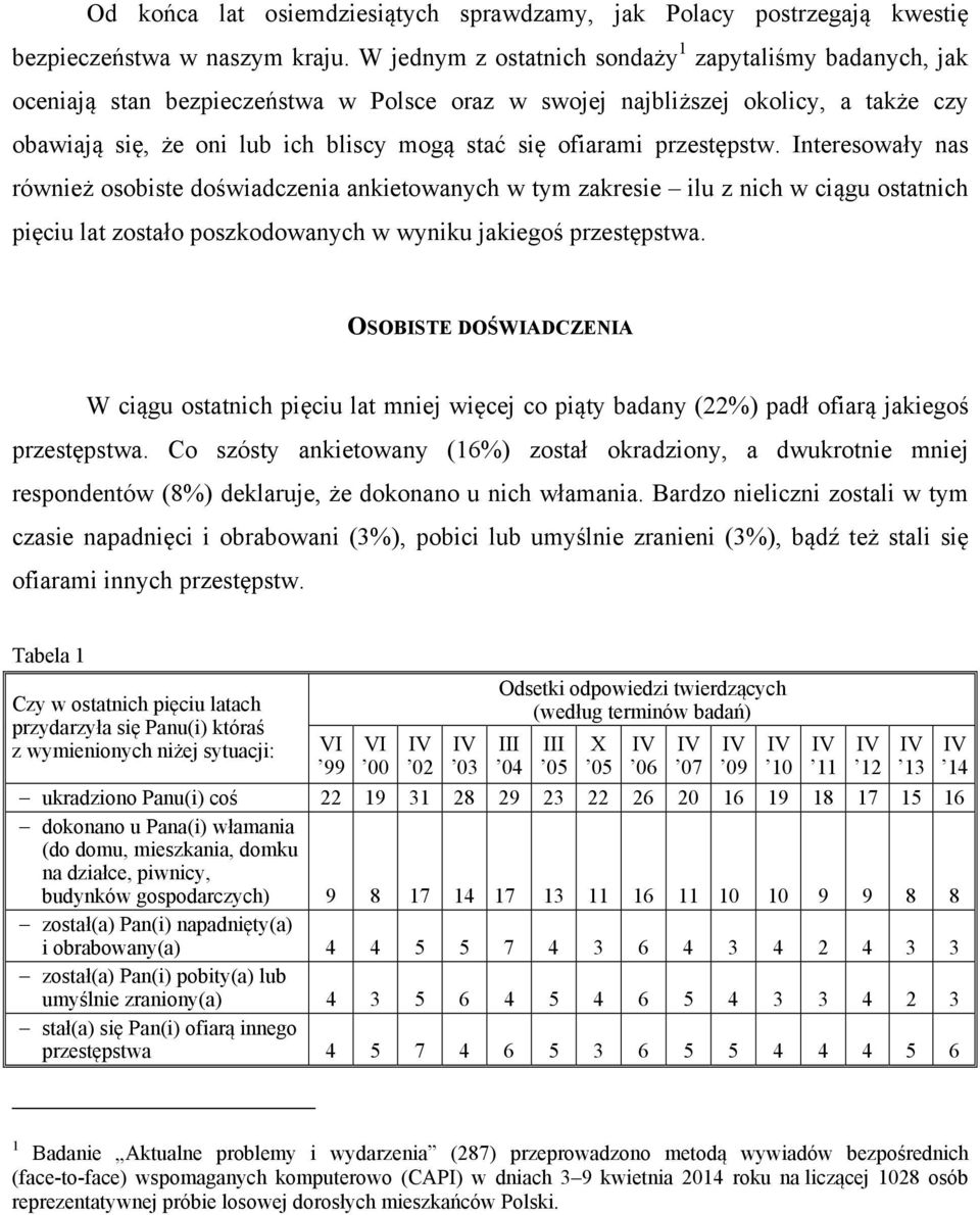 ofiarami przestępstw. Interesowały nas również osobiste doświadczenia ankietowanych w tym zakresie ilu z nich w ciągu ostatnich pięciu lat zostało poszkodowanych w wyniku jakiegoś przestępstwa.