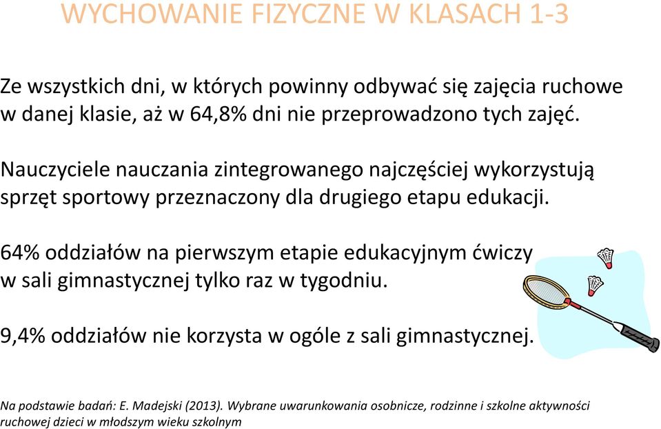 Nauczyciele nauczania zintegrowanego najczęściej wykorzystują sprzęt sportowy przeznaczony dla drugiego etapu edukacji.