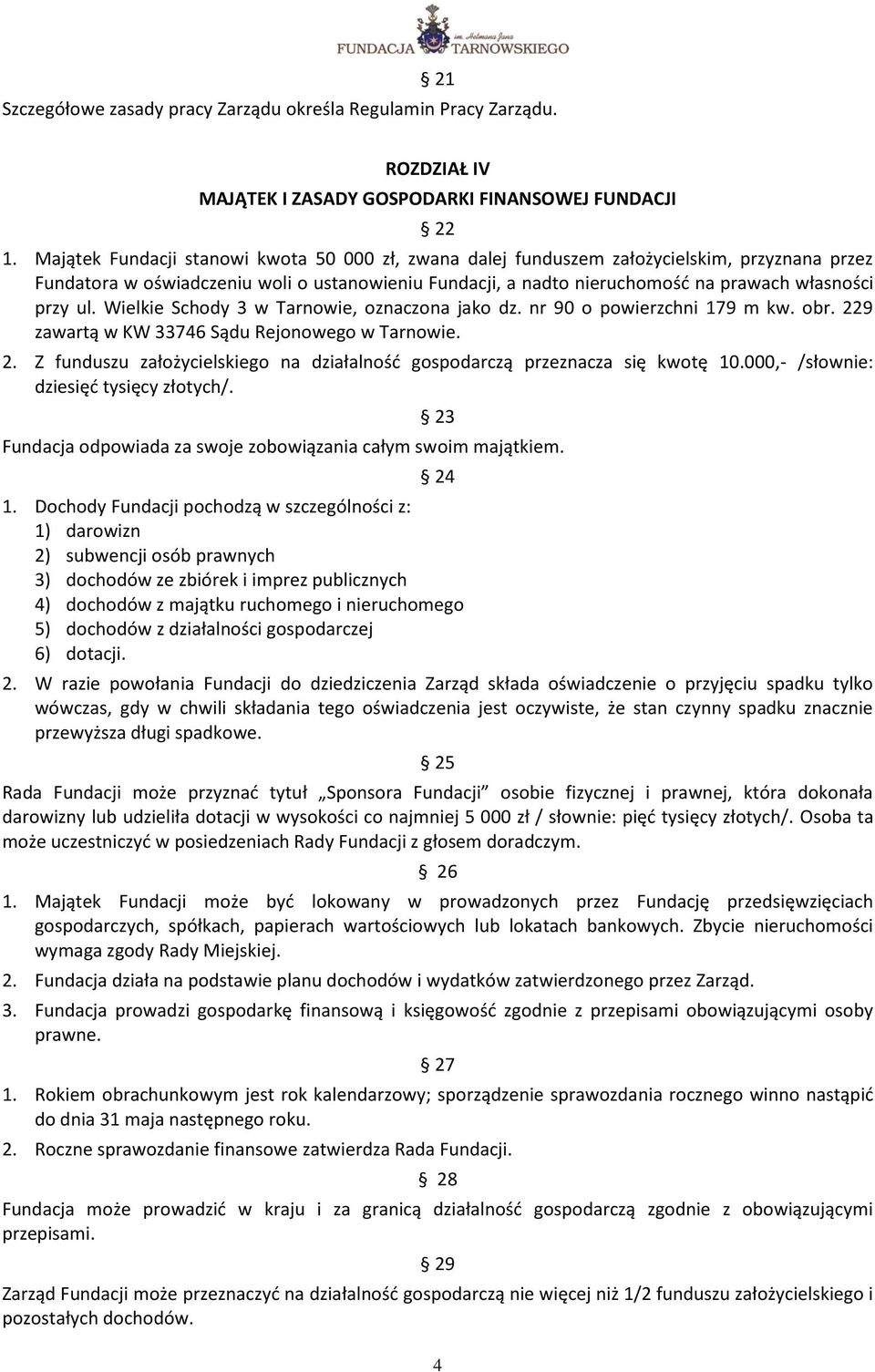 ul. Wielkie Schody 3 w Tarnowie, oznaczona jako dz. nr 90 o powierzchni 179 m kw. obr. 229 zawartą w KW 33746 Sądu Rejonowego w Tarnowie. 2. Z funduszu założycielskiego na działalność gospodarczą przeznacza się kwotę 10.