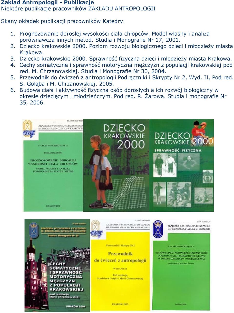 Dziecko krakowskie 2000. Sprawność fizyczna dzieci i młodzieży miasta Krakowa. 4. Cechy somatyczne i sprawność motoryczna mężczyzn z populacji krakowskiej pod red. M. Chrzanowskiej.