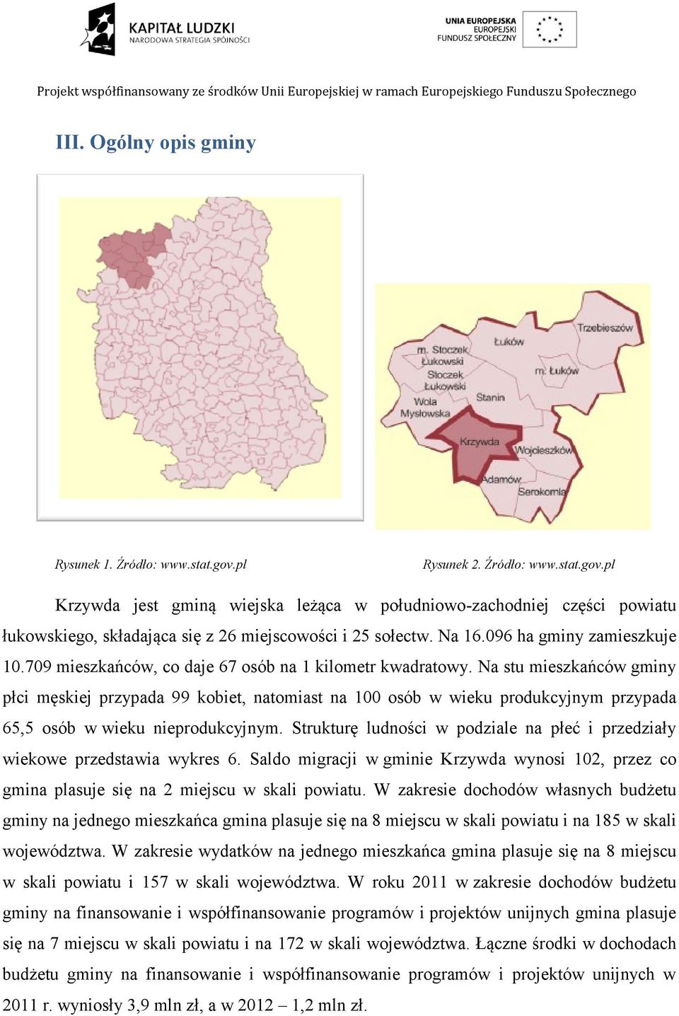 Na stu mieszkańców gminy płci męskiej przypada 99 kobiet, natomiast na 100 osób w wieku produkcyjnym przypada 65,5 osób w wieku nieprodukcyjnym.