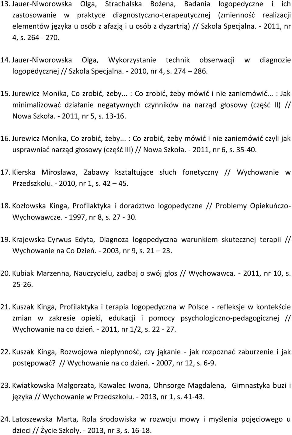 Jurewicz Monika, Co zrobić, żeby... : Co zrobić, żeby mówić i nie zaniemówić... : Jak minimalizować działanie negatywnych czynników na narząd głosowy (część II) // Nowa Szkoła. - 2011, nr 5, s. 13-16.