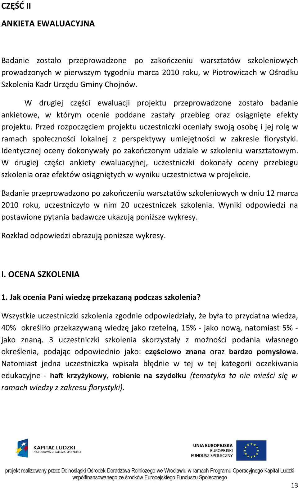 Przed rozpoczęciem projektu uczestniczki oceniały swoją osobę i jej rolę w ramach społeczności lokalnej z perspektywy umiejętności w zakresie florystyki.