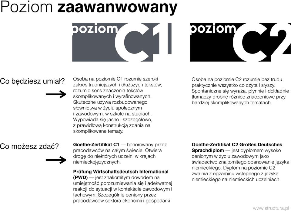 Skuteczne używa rozbudowanego słownictwa w życiu społecznym i zawodowym, w szkole na studiach. Wypowiada się jasno i szczegółowo, z prawidłową konstrukcją zdania na skomplikowane tematy.