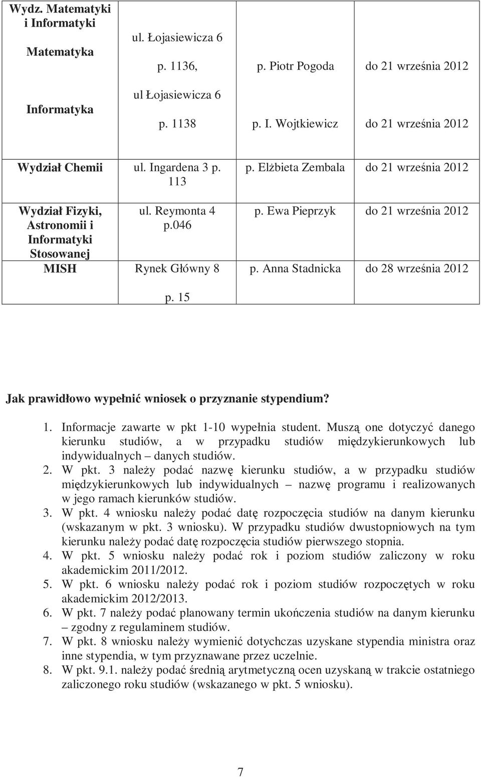 Anna Stadnicka do 28 września 2012 p. 15 Jak prawidłowo wypełnić wniosek o przyznanie stypendium? 1. Informacje zawarte w pkt 1-10 wypełnia student.