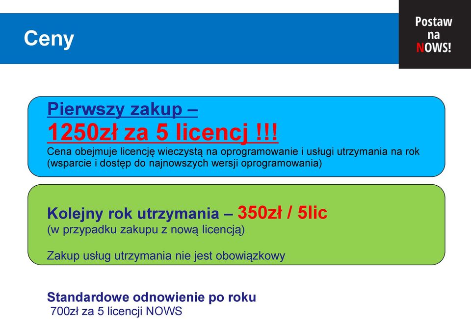 (wsparcie i dostęp do najnowszych wersji oprogramowania) Kolejny rok utrzymania 350zł /