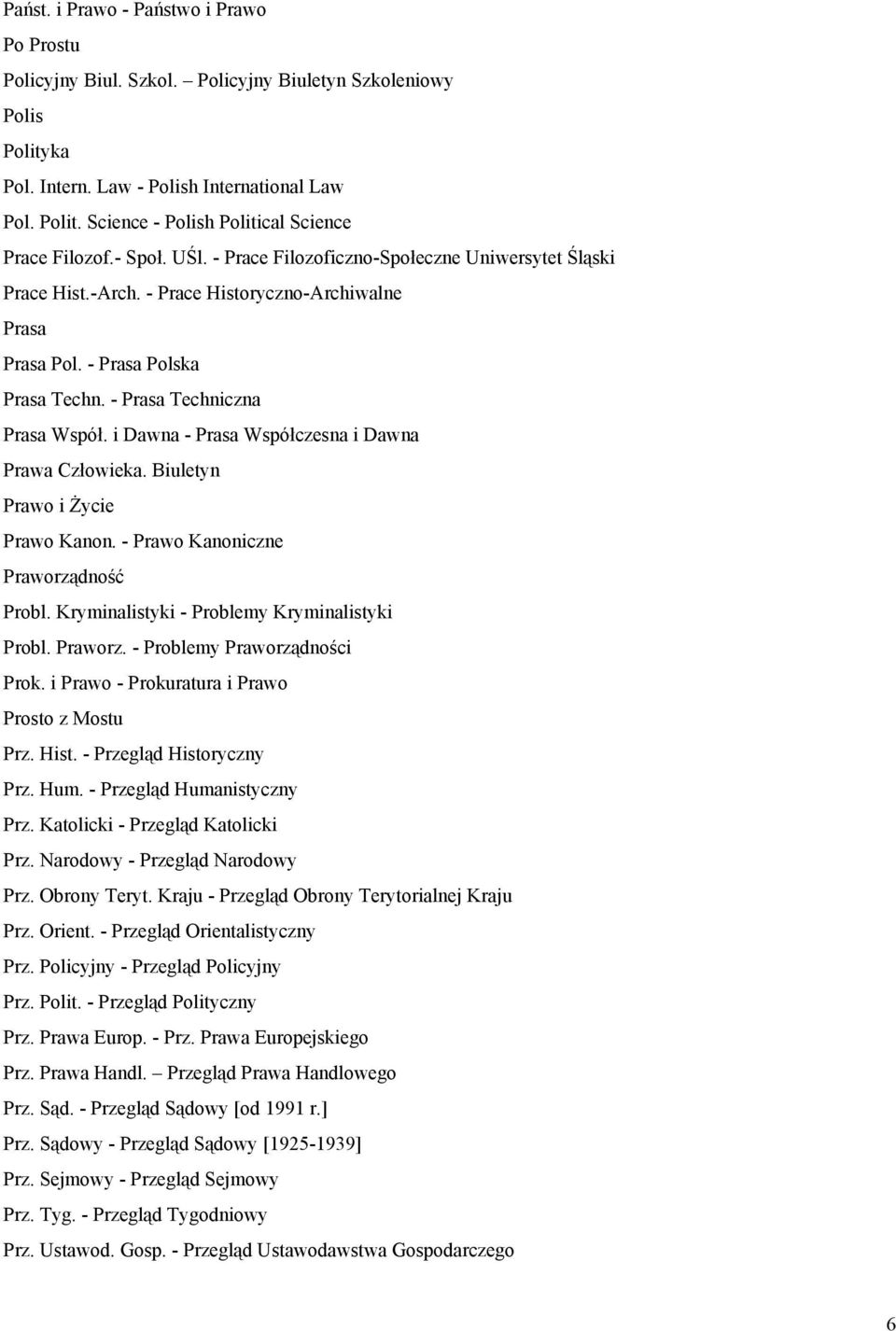 i Dawna - Prasa Współczesna i Dawna Prawa Człowieka. Biuletyn Prawo i Życie Prawo Kanon. - Prawo Kanoniczne Praworządność Probl. Kryminalistyki - Problemy Kryminalistyki Probl. Praworz. - Problemy Praworządności Prok.